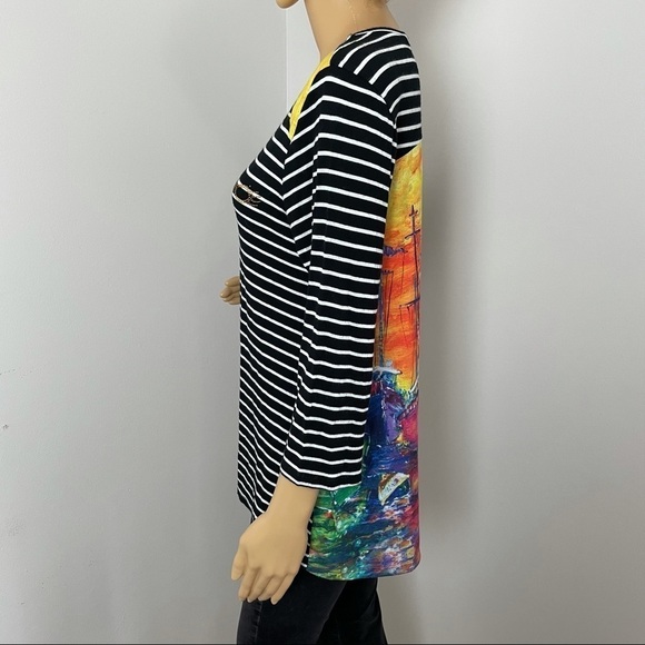 Leoma Lovegrove Women’s V-Neck Shirt – Stripes & Sailboat Design, Size Small - Picture 7 of 12